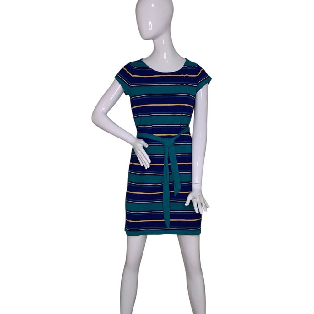 Tommy Hilfiger Dress Short Sleeve Striped Blue Yellow Green Pullover Size S Belt